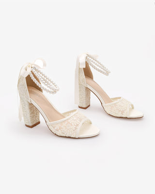 Ivory Crochet Lace Block Heel Sandals with Double Pearls Ankle Strap