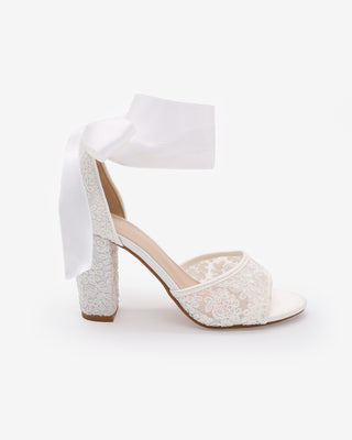 White Crochet Lace Block Heel Sandals with Wrapped Satin Ribbon Ankle Tie