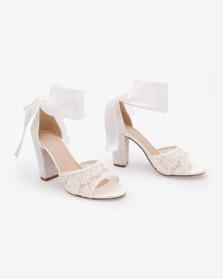 White Crochet Lace Block Heel Sandals with Wrapped Satin Ribbon Ankle Tie