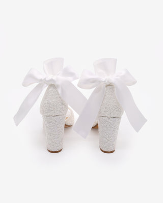White Crochet Lace Block Heel Sandals with Wrapped Satin Ribbon Ankle Tie