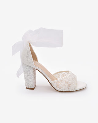White Crochet Lace Block Heel Sandals with Wrapped Sheer Ribbon Ankle Tie