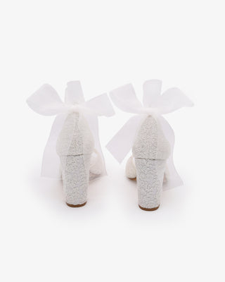 White Crochet Lace Block Heel Sandals with Wrapped Sheer Ribbon Ankle Tie