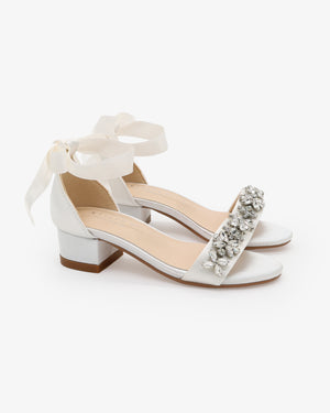 Satin Girls Block Heel Sandals with Floral Rhinestones