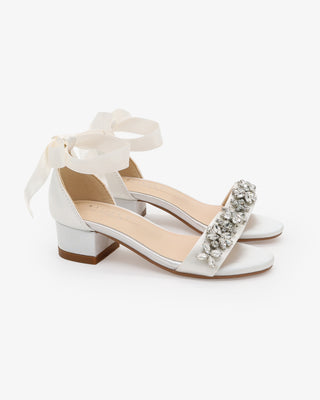 White Satin Flower Girls Block Heel Sandals with Floral Rhinestones