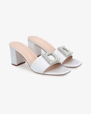 Satin Block Heels Slide Wedding Sandals with Pearlisse Buckle