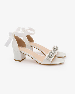 White Satin Block Heel Wedding Sandals with Floral Rhinestones and ribbon back ankle tie