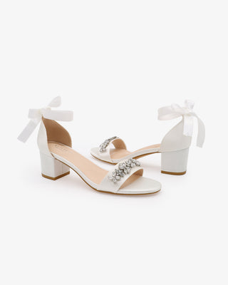 White Satin Block Heel Wedding Sandals with Floral Rhinestones and ribbon back ankle tie