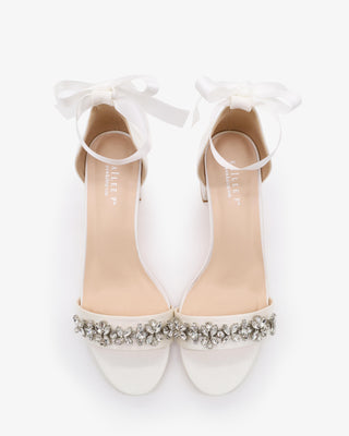 White Satin Block Heel Wedding Sandals with Floral Rhinestones and ribbon back ankle tie