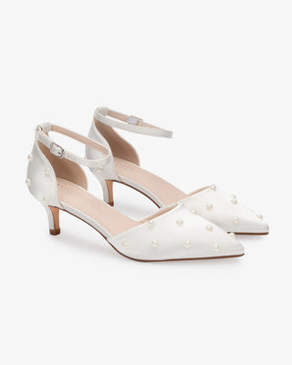 Ivory Satin Mini Pearls Wedding Low Heels with Scattered Pearls