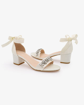 Satin Block Heel Sandals with Floral Rhinestones