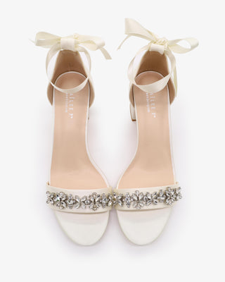 Satin Block Heel Sandals with Floral Rhinestones