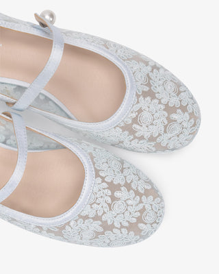 Light Blue Crochet Lace Mary Jane Wedding Flats, Bridal Shoes