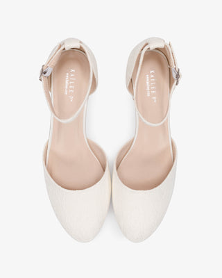 Ivory Lace Round Toe Low Block Heel Wedding Shoes with Ankle Strap