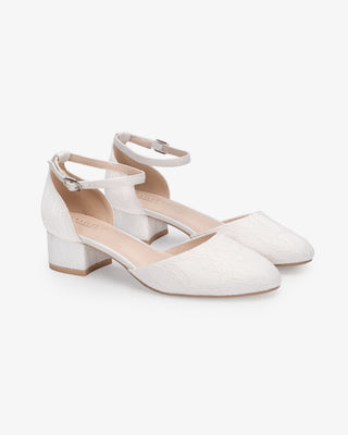 Lace Round Toe Low Block Heel Wedding Shoes with Ankle Strap