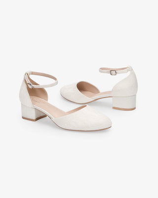 Ivory Lace Round Toe Low Block Heel Wedding Shoes with Ankle Strap