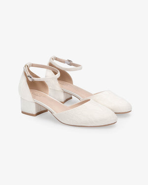 Lace Round Toe Low Block Heel Wedding Shoes with Ankle Strap