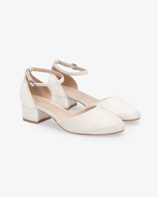Ivory Lace Round Toe Low Block Heel Wedding Shoes with Ankle Strap