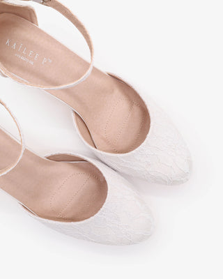 White Lace Wedding Block Heel with Ankle Strap