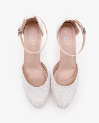 White Lace Wedding Block Heel with Ankle Strap