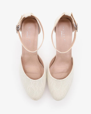 Ivory Lace Wedding Block Heel with Ankle Strap