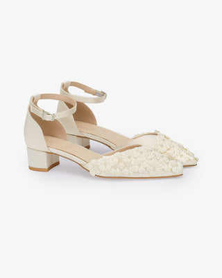 Ivory Satin Pointy Toe Low Block Heels Wedding Shoes with Pearls Petal