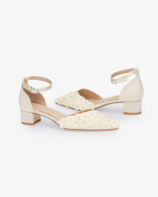 Ivory Satin Pointy Toe Low Block Heels Wedding Shoes with Pearls Petal