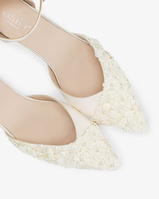 Ivory Satin Pointy Toe Low Block Heels Wedding Shoes with Pearls Petal