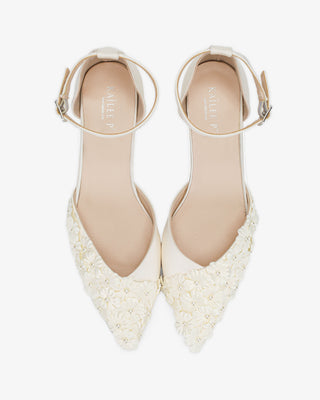 Ivory Satin Pointy Toe Low Block Heels Wedding Shoes with Pearls Petal