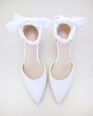 White Satin Pointy Toe Wedding Low Heels with perla applique strap
