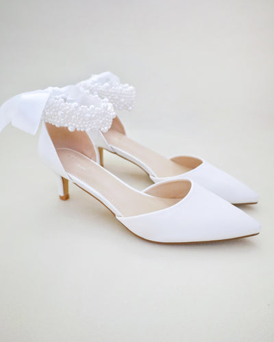 White Satin Pointy Toe Wedding Low Heels with perla applique strap