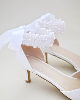 White Satin Pointy Toe Wedding Low Heels with perla applique strap