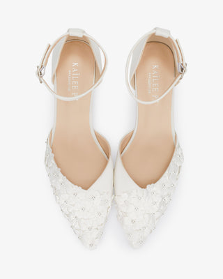 White Satin Pointy Toe Low Block Heels Wedding Shoes with Pearls Petal