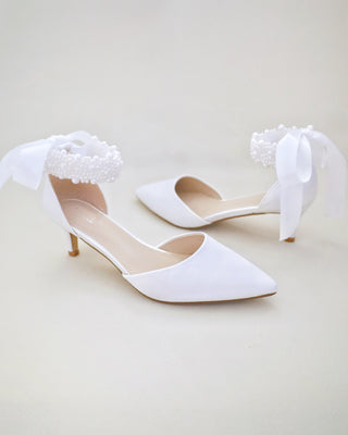 White Satin Pointy Toe Wedding Low Heels with perla applique strap