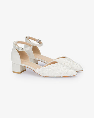 White Satin Pointy Toe Low Block Heels Wedding Shoes with Pearls Petal