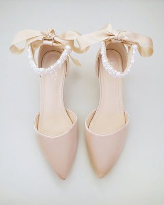 Champagne Satin Pointy Toe Wedding Low Heels with perla applique strap