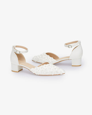 White Satin Pointy Toe Low Block Heels Wedding Shoes with Pearls Petal