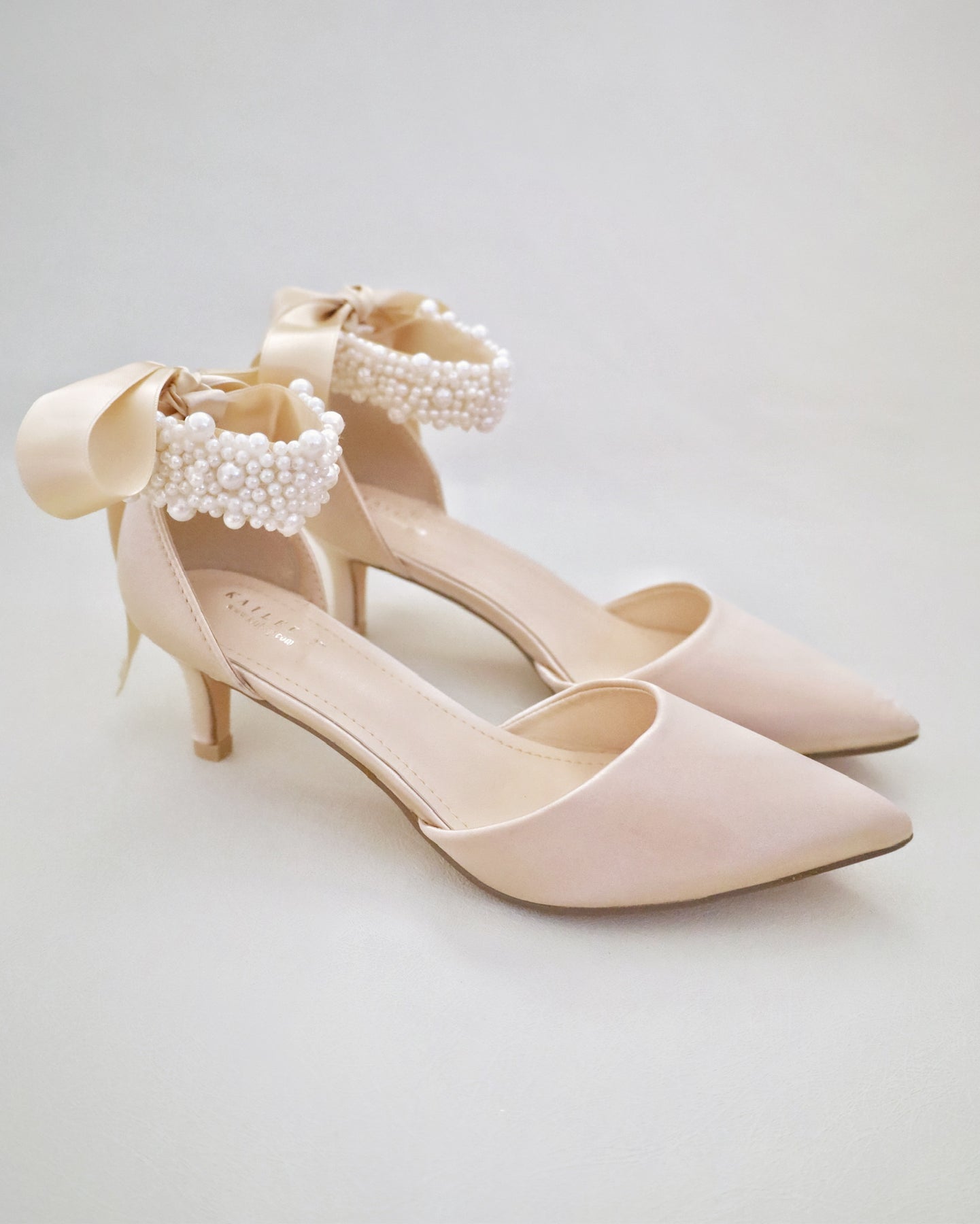 Champagne Satin Pointy Toe Low Heels with Perla Strap, Bridal Shoes ...