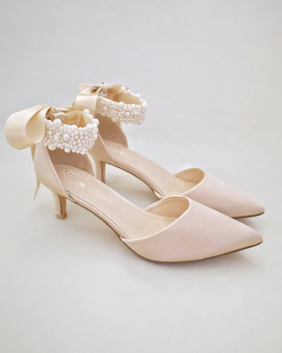 Champagne Satin Pointy Toe Wedding Low Heels with perla applique strap