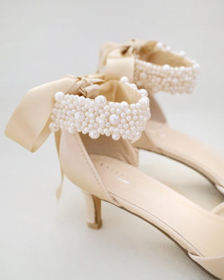 Champagne Satin Pointy Toe Wedding Low Heels with perla applique strap