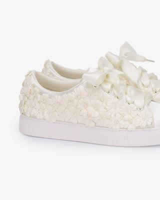 Ivory Satin Wedding Platform Sneakers with Pearls Petal