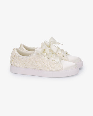 Ivory Satin Wedding Platform Sneakers with Pearls Petal