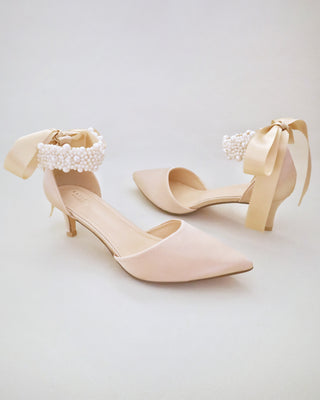 Champagne Satin Pointy Toe Wedding Low Heels with perla applique strap