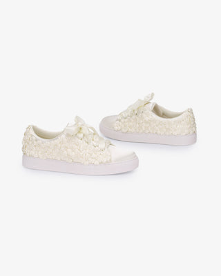 Ivory Satin Wedding Platform Sneakers with Pearls Petal