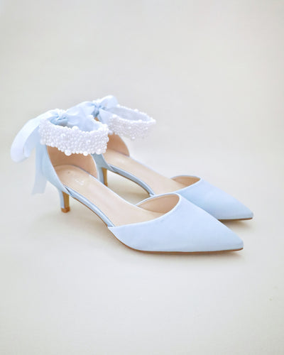 Light Blue Satin Pointy Toe Low Heels with perla applique strap