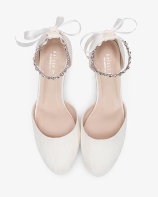 Lace Round Toe Low Block Heel Wedding Shoes with Amaryllis Strap