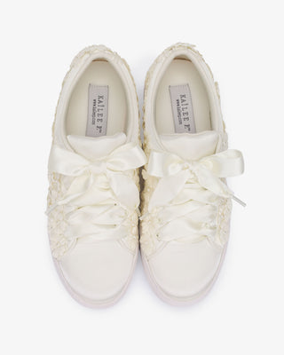 Ivory Satin Wedding Platform Sneakers with Pearls Petal