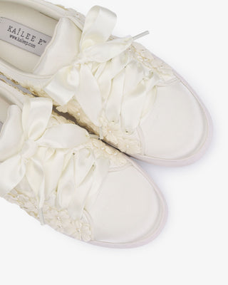 Ivory Satin Wedding Platform Sneakers with Pearls Petal