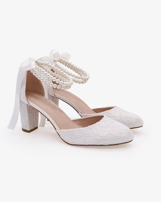 White Lace Wedding Block Heel with Double Pearls Ankle Strap