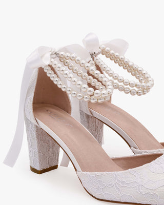 White Lace Wedding Block Heel with Double Pearls Ankle Strap