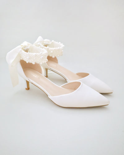 Ivory Satin Pointy Toe Wedding Low Heels with perla applique strap